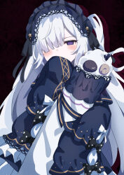  1girl absurdres black_ribbon blue_dress blue_hairband bow dress dress_bow frilled_dress frilled_hairband frilled_sleeves frills gothic_lolita hair_over_one_eye hair_ribbon hairband highres holding holding_stuffed_toy lolita_fashion lolita_hairband long_hair long_sleeves looking_at_viewer mahou_shoujo_no_majo_saiban natsume_an-an one_eye_covered polka_dot polka_dot_bow ribbon satone_miroir simple_background sleeve_bow sleeves_past_fingers sleeves_past_wrists solo stuffed_animal stuffed_sheep stuffed_toy upper_body violet_eyes white_hair wide_sleeves 