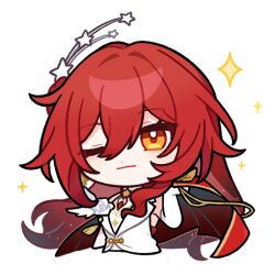 1girl adjusting_hair cape chibi chibi_only closed_mouth himeko_(honkai:_star_rail) himeko_(nova)_(honkai:_star_rail) honkai:_star_rail honkai_(series) long_hair looking_at_viewer official_art one_eye_closed red_cape red_hair smile solo yellow_eyes 