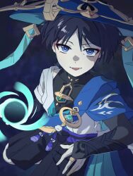  1boy anemo_symbol_(genshin_impact) aqua_gem armor arms_at_sides belt black_background black_belt black_bodysuit black_bow black_bridal_gauntlets black_hair black_hole black_shorts blue_cape blue_hat blue_jingasa blue_kimono blue_pupils blue_sleeves blunt_ends bodysuit bow bridal_gauntlets cape choppy_bangs covered_collarbone eyeliner feathers gem genshin_impact gold gold_ring hakama hakama_shorts halca hat highres japanese_armor japanese_clothes jingasa juban kimono kote kurokote layered_sleeves looking_at_viewer lower_teeth_only makeup male_focus middle_ring open_clothes open_kimono open_mouth pleated_shorts pom_pom_(clothes) purple_rope purple_sash raised_eyebrow red_eyeliner rope sash scaramouche_(genshin_impact) short_sleeves shorts shoulder_peek side_cape solo tassel teeth tongue tsurime violet_eyes vision_(genshin_impact) vortex wanderer_(genshin_impact) white_kimono white_sleeves yellow_feathers 