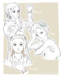  3girls border character_name closed_mouth collared_shirt commentary_request diana_(kyokugen_dasshutsu) eyelashes finger_to_cheek flower forehead freckles gabcdefgabc grey_background greyscale hair_flower hair_ornament hand_on_own_chest hand_on_own_head hand_up highres kurashiki_akane kyokugen_dasshutsu kyokugen_dasshutsu:_9_jikan_9_nin_9_no_tobira kyokugen_dasshutsu_adv:_zennin_shibou_desu layered_sleeves long_hair long_sleeves monochrome multiple_girls open_mouth phi_(kyokugen_dasshutsu) scarf shirt short_hair short_over_long_sleeves short_sleeves simple_background sleeveless twitter_username very_short_hair watch watch white_border zero_escape:_toki_no_dilemma 