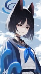  1girl absurdres animal_ears black_choker black_eyes black_hair blue_archive blue_halo blue_haori blue_neckerchief blue_sailor_collar cat_ears cat_girl cat_tail choker clenched_teeth commentary_request disgust halo haori highres japanese_clothes kikyou_(blue_archive) looking_at_viewer multiple_tails neckerchief nekomata re_naya sailor_collar shaded_face shirt short_hair solo tail teeth two_tails white_shirt 