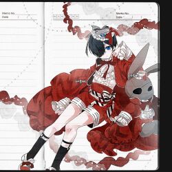  1boy alternate_costume artist_name ascot belt_bow black_hair black_socks blue_eyes bow buttons ciel_phantomhive cropped_jacket cup fascinator foot_out_of_frame footwear_bow frilled_ascot frilled_sleeves frills full_body hair_over_one_eye hat hat_bow head_tilt high-waist_shorts highres jacket kneehighs kuroshitsuji legwear_garter light_blush long_sleeves male_focus matching_outfits neck_ribbon open_clothes open_jacket paper_background parted_lips red_ascot red_bow red_jacket red_ribbon ribbon shirt shoes short_hair shorts sitting sleeves_past_wrists socks solo striped_bow striped_clothes striped_shirt stuffed_animal stuffed_rabbit stuffed_toy teacup ukiukiiiiiiii v-shaped_eyebrows vertical-striped_clothes vertical-striped_shirt very_short_hair white_shirt 