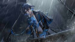  1boy arknights artist_request ascot belt bishounen black_coat black_gloves black_hair black_jacket blue_ascot blue_gloves blue_hair clouds cloudy_sky coat fish_boy freckles game_asset gloves hair_between_eyes highres jacket jewelry long_sleeves looking_at_viewer lumen_(arknights) male_focus multicolored_hair night official_art open_clothes open_coat open_mouth orange_eyes outdoors pants pointy_ears rain ship shirt short_hair sky solo third-party_source two-tone_hair upper_body water watercraft white_shirt 