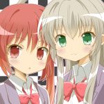  :3 bow checkered checkered_background cthugha_(nyaruko-san) green_eyes haiyore!_nyaruko-san highres long_hair multiple_girls nyarlathotep_(nyaruko-san) red_eyes red_hair redhead ryoutan school_uniform silver_hair twintails 