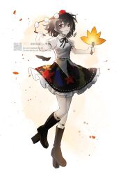  1girl black_ribbon black_skirt black_wings boots brown_boots brown_hair commentary_request frilled_skirt frills full_body geta hat hauchiwa highres holding knee_boots kneehighs leaf_print looking_at_viewer maple_leaf_print medium_hair neck_ribbon pom_pom_(clothes) print_skirt puffy_short_sleeves puffy_sleeves qr_code red_eyes red_hat ribbon ribbon-trimmed_skirt ribbon_trim rokuya_(68_zusao) shameimaru_aya shirt short_sleeves skirt smile socks solo tengu-geta tokin_hat touhou watermark white_shirt white_socks wings 