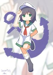  1girl anchor anchor_symbol azp_29 black_boots black_hair boots closed_mouth commentary_request dated green_eyes green_sailor_collar hat highres leg_up looking_at_viewer murasa_minamitsu sailor_collar sailor_hat shirt short_sleeves shorts signature smile socks solo touhou white_shirt white_shorts white_socks zoom_layer 