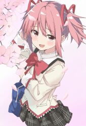  1girl :d bag black_skirt blue_bag blush blush_stickers bow bowtie branch cherry_blossoms commentary_request cowboy_shot falling_petals from_above grey_background hair_between_eyes hair_ribbon hand_up happy highres holding holding_bag juliet_sleeves kaname_madoka long_sleeves looking_at_viewer maho_ron1 mahou_shoujo_madoka_magica mahou_shoujo_madoka_magica_(anime) making-of_available mitakihara_school_uniform open_mouth petals pink_eyes pink_hair plaid_clothes plaid_skirt pleated_skirt puffy_sleeves red_bow red_bowtie red_ribbon ribbon school_bag school_uniform short_hair short_twintails shoulder_bag skirt smile solo twintails 