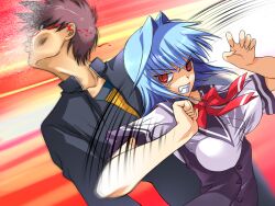 1boy 1girl anger_vein angry blood blue_hair breasts brown_hair bruise clenched_teeth constricted_pupils fujiki_mika game_asset hair_intakes houou_senki_maimu in_the_face injury kinmedai_pink large_breasts motion_blur motion_lines non-web_source nosebleed official_art punching red_eyes school_uniform self-datamine short_hair speed_lines teeth visual_novel_cg wide-eyed 