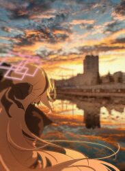  1girl black_bow black_jacket blue_archive bow city clouds cloudy_sky commentary_request from_behind hair_bow half_updo halo highres jacket kei_(blue_archive) kei_(student)_(blue_archive) kerming0509 long_hair multicolored_jacket pink_halo river scenery sky solo sunset two-tone_jacket very_long_hair white_hair white_jacket 