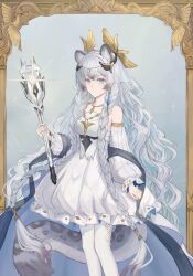  1girl absurdres ambience_synesthesia animal_ear_fluff animal_ears arknights bare_shoulders braid bright_pupils chinese_commentary closed_mouth commentary diffraction_spikes dress feet_out_of_frame furinnn321 gold_jewelry gold_necklace grey_eyes grey_hair grey_tail head_chain highres holding holding_mace holding_weapon jewelry long_hair long_sleeves looking_at_viewer mace necklace official_alternate_costume pantyhose pramanix_(arknights) pramanix_the_prerita_(arknights) pramanix_the_prerita_(hymn_to_sunbreak)_(arknights) smile solo sparkle split_mouth standing tail twin_braids weapon white_dress white_pantyhose white_pupils 