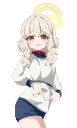  1girl absurdres aoba_(blue_archive) blonde_hair blue_archive blue_skirt blush commentary cowboy_shot finger_heart fluffy_hair halo hat heart heart_hands highres long_hair long_sleeves looking_at_viewer low_twintails mili_mli neckerchief open_mouth orange_halo pencil_skirt red_eyes red_neckerchief shirt simple_background skirt smile solo twintails white_background white_shirt 