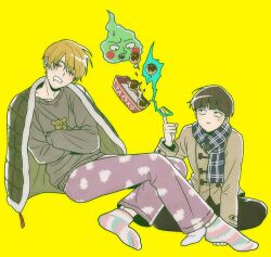  2boys alternate_costume aqua_socks black_eyes black_hair black_pants blanket blonde_hair blue_scarf blush_stickers bowl_cut closed_eyes coat commentary_request crossed_arms crossed_legs drooling eating ekubo_(mob_psycho_100) floating floating_food floating_object food grey_coat grey_sweater hand_rest hand_up highres hitodama index_finger_raised invisible_chair invisible_floor kageyama_shigeo leaning_forward lips long_sleeves looking_at_another looking_at_food male_focus mob_psycho_100 multicolored_socks multiple_boys pants pink_pants pink_socks print_pants print_sweater raised_eyebrow reigen_arataka scarf short_hair simple_background sitting sleeping sleeping_upright socks sweatdrop sweater telekinesis toggles tray ung_100 white_socks yellow_background 