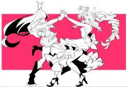  2girls aerith_gainsborough aerith_gainsborough_(red_dress) bangle bare_shoulders black_boots black_shoes boots bracelet braid braided_ponytail breasts cowboy_boots cropped_vest dress final_fantasy final_fantasy_vii final_fantasy_vii_remake flamenco_dress fringe_trim hair_ribbon high_heels holding_hands interlocked_fingers jewelry kendy_(revolocities) long_dress long_hair low-tied_long_hair medium_breasts miniskirt monochrome multiple_girls official_alternate_costume open_mouth parted_bangs pink_background red_dress ribbon shoes side_slit sidelocks sketch skirt smile strapless strapless_dress tifa_lockhart tifa_lockhart_(cowgirl) vest yuri 