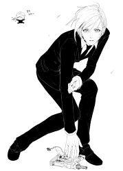  0gong0g 1girl absurdres black_jacket black_necktie black_pants black_shoes black_suit breasts chibi chibi_inset collared_shirt commentary elena_(ff7) final_fantasy final_fantasy_vii full_body greyscale hair_between_eyes highres jacket leaning_forward looking_at_viewer medium_breasts monochrome necktie pants parted_lips shirt shoes short_hair solo suit suit_jacket sweatdrop white_background white_shirt 