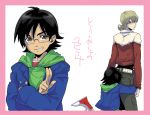  barnaby_brooks_jr belt bespectacled black_hair blonde_hair candygang child glasses green_eyes hoodie hug hug_from_behind jacket kaburagi_t_kotetsu multiple_boys red_jacket shoes shorts size_difference sneakers studded_belt tiger_&amp;_bunny time_paradox young 