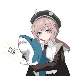  1girl ahoge beret black_gloves black_hat black_necktie black_skirt brown_jacket cheyanne_(girls'_frontline_2) collared_shirt commentary_request from_below girls'_frontline_2:_exilium girls_frontline gloves grey_hair hat highres holding ikea_shark jacket korean_commentary long_hair long_sleeves looking_at_viewer m200_(girls'_frontline) necktie ponytail pout price_tag shark shirt simple_background skirt solo stuffed_animal stuffed_shark stuffed_toy two-tone_necktie upper_body violet_eyes white_background white_shirt zoadragon33 