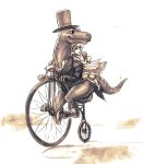  1girl agnes_(chaptor) artist_request bicycle chaptor character_request dinosaur hat highres maid monochrome monocle necktie remy_cambridge riding simple_background source_request top_hat 