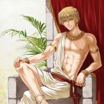  armlet blonde_hair bracelet crossed_legs curtains earrings egmer fate/zero fate_(series) gilgamesh highres jewelry legs_crossed male necklace nipples red_eyes sandals sitting solo throne toga 