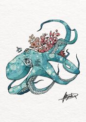  akiyuki_aq animal animal_focus commentary_request crown flower flower_request from_side highres horizontal_pupils leaf no_humans octopus original plant red_flower signature simple_background tentacles white_background white_flower yellow_eyes 