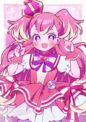  1girl :3 :d arched_crown blonde_hair blush border bow bow_earrings bright_pupils brooch capelet chest_bow colored_tips commentary crown cure_wonderful curled_fingers dress dress_bow earrings frilled_wrist_cuffs frills gold_hairband hairband hands_up heart heart_brooch highres inukai_komugi jewelry layered_dress long_hair looking_at_viewer magical_girl medium_dress mini_crown multicolored_bow multicolored_hair open_mouth outside_border pact_holder pantyhose paw_pose petticoat pink_background pink_bow pink_capelet pink_crown pink_dress pink_hair pink_pantyhose pink_wrist_cuffs pleated_dress precure puffy_short_sleeves puffy_sleeves purple_bow raised_eyebrows short_sleeves smile solo sparkle striped_bow tilted_headwear two-tone_hair two_side_up umecha_0 upper_body very_long_hair watermark white_border wonderful_precure! wrist_cuffs yellow_pupils 