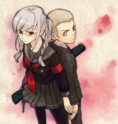  1boy 1girl armband back-to-back black_jacket black_pantyhose black_shirt braid closed_mouth commentary_request cowboy_shot danganronpa_(series) danganronpa_2:_goodbye_despair forehead freckles frown fujimura_kyuu glasses grey_hair grey_sailor_collar grey_skirt hair_between_eyes jacket kuzuryu_fuyuhiko long_hair long_sleeves looking_at_viewer looking_to_the_side miniskirt neckerchief pantyhose pekoyama_peko pleated_skirt red_armband red_eyes red_neckerchief sailor_collar sailor_shirt school_uniform serafuku shirt short_hair sidelocks simple_background skirt spiky_hair striped_clothes striped_jacket twin_braids twintails v-shaped_eyebrows vertical-striped_clothes vertical-striped_jacket very_short_hair 