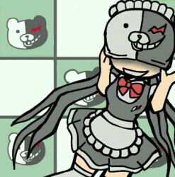  1girl apron black_dress black_hair bow character_mask commentary_request covered_eyes danganronpa/zero danganronpa_(series) dress long_hair maid maid_headdress mask monokuma monokuma_maid open_mouth red_bow ruma_ronpa smile solo thigh-highs very_long_hair white_apron white_headdress white_thighhighs 
