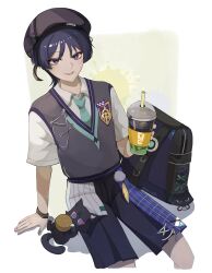  1boy absurdres animalization aqua_necktie aqua_trim arm_at_side backpack bag bead_bracelet beads beret black_bag black_cat black_hair black_hat black_shorts blunt_ends border bracelet cat choppy_bangs collared_shirt contemporary cup disposable_cup drinking_straw eyeliner feathers fingernails genshin_impact grey_vest hand_up hat highres holding holding_cup insignia jewelry looking_at_viewer makeup male_focus necktie nee_madiiiii official_alternate_costume open_mouth paint_splatter person_and_animalization pom_pom_(clothes) purple_pupils purple_trim red_eyeliner scaramouche_(cat)_(genshin_impact) scaramouche_(genshin_impact) school_uniform shirt short_sleeves shorts sitting solo tsurime twitter_username undershirt vest violet_eyes wanderer_(genshin_impact) wanderer_(mega_mgc_coffee)_(genshin_impact) white_border white_shirt white_sleeves wristband yarn yarn_ball yellow_background yellow_feathers 