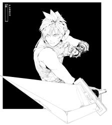  0gong0g 1boy absurdres armor belt black_background black_gloves buster_sword closed_mouth cloud_strife commentary fighting_stance final_fantasy final_fantasy_vii final_fantasy_vii_remake furrowed_brow gloves greyscale hair_between_eyes highres holding holding_sword holding_weapon male_focus monochrome multiple_belts pauldrons ribbed_shirt shirt short_hair shoulder_armor single_bare_shoulder single_pauldron sleeveless sleeveless_turtleneck solo spiky_hair suspenders sweat sword turtleneck upper_body weapon 