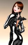  bare_back bat_wings bodysuit brown_eyes brown_hair copyright_request eyeliner gloves highres latex lips lipstick long_hair makeup shiny shiny_clothes smile tail teeth tongue toshiki_yui wings yui_toshiki 