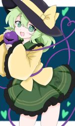  13nonaigdaz 1girl black_hat bow buttons character_watermark collared_shirt commentary_request cowboy_shot diamond_button disembodied_linked_eye eyeball frilled_shirt_collar frilled_sleeves frills green_eyes green_hair green_skirt hat hat_bow heart heart_of_string highres komeiji_koishi long_sleeves looking_at_viewer open_mouth shirt skirt smile solo touhou wide_sleeves yellow_bow yellow_shirt 