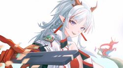  1girl absurdres acchii4414 arknights bare_shoulders braid colored_extremities commentary dragon_girl dragon_horns dragon_tail grey_hair highres holding horns jacket multicolored_hair nian_(arknights) off_shoulder open_mouth pointy_ears red_hair red_horns simple_background smile solo streaked_hair tail teeth upper_body upper_teeth_only violet_eyes white_background white_jacket 