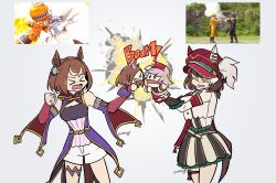 >_< 2girls animal_ears bow breasts brown_hair cape closed_eyes detached_sleeves ear_covers ears_through_headwear emeruga explosion green_bow hair_between_eyes hair_ornament hairclip hand_puppet hat highres horse_ears horse_girl horse_tail jacket jewelry long_sleeves marche_lorraine_(racing)_(umamusume) marche_lorraine_(umamusume) mismatched_ear_covers multicolored_hair multiple_girls open_mouth puppet red_cape screenshot_inset short_hair shorts sound_effects streaked_hair tail thighlet tsurumaru_tsuyoshi_(dream_bold_stand_tall_tsuyoshi!)_(umamusume) tsurumaru_tsuyoshi_(umamusume) two-tone_hair umamusume violet_eyes white_hair white_jacket white_shorts white_streaks 