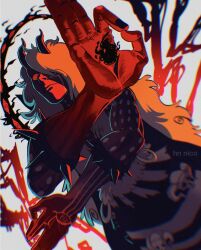  1boy armlet black_nails body_markings colored_skin demon_boy demon_horns disembodied_eye fighting_stance fur-trimmed_belt hagoromo hair_over_one_eye highres horns jewelry long_hair male_focus nerona_imu one_piece red_eyes red_skin ringed_eyes shawl skull slug2thecore spiked_armlet topless_male white_hair 