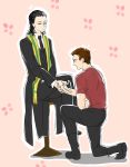  avengers black_hair brown_hair clint_barton formal goku2036 green_eyes hair_slicked_back kneeling loki_(marvel) male marvel multiple_boys scarf suit 