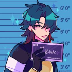  1boy :| artist_name bandaged_arm bandages barbie_mugshot_(meme) black_jacket blade_(honkai:_star_rail) blue_background blue_hair blue_jacket card character_name closed_mouth curtained_hair deadpan earrings from_side gradient_hair hair_over_one_eye height_mark highres holding holding_card holding_sign honkai:_star_rail honkai_(series) jacket jewelry long_hair meme mugshot multicolored_hair orange_eyes outline pale_skin red_eyes red_hair savagemeow serious shirt sign single_earring solo sparkle_background tsurime upper_body white_outline yellow_shirt 