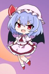  13nonaigdaz 1girl :d ascot back_bow bat_wings blue_hair bow chibi chibi_only commentary_request crescent fang full_body hat hat_ribbon looking_at_viewer medium_hair mob_cap pink_hat pink_shirt pink_skirt purple_background red_ascot red_bow red_eyes remilia_scarlet ribbon shirt skin_fang skirt skirt_set smile solo touhou wings 