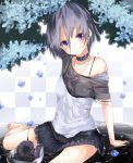  arm_support bare_legs barefoot camisole choker headphones highres jewelry la-na lavender_eyes lavender_hair leaning_back off_shoulder original pendant petals short_hair sitting skirt solo strap_slip wariza 