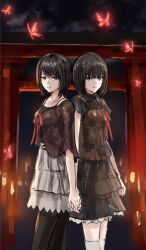  2girls amakura_mayu amakura_mio arms_at_sides bandaged_leg bandages black_camisole black_hair black_pantyhose black_shirt black_skirt bob_cut brown_camisole brown_eyes brown_shirt bug butterfly camisole camisole_over_clothes closed_mouth clouds commentary_request cowboy_shot fatal_frame fatal_frame_ii:_crimson_butterfly highres holding_hands kurosaki_roku looking_at_viewer miniskirt multiple_girls night outdoors pantyhose red_butterfly red_ribbon ribbon shirt short_hair short_sleeves siblings side-by-side sisters skirt standing three-quarter_sleeves torii twins v-shaped_eyebrows white_skirt 