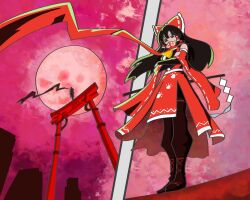  1girl absurdres aertlus bow detached_sleeves frills hair_bow hakurei_reimu highres long_hair mask moon mouth_mask ninja ninja_slayer red_bow red_eyes red_moon red_scarf scarf skirt solo torii touhou 
