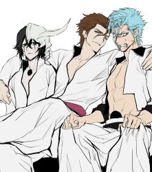  3boys abs aizen_sousuke arm_around_shoulder black_hair bleach blue_eyeliner blue_hair brown_eyes brown_hair clenched_teeth commentary crossed_legs eyeliner fake_horns frown green_eyes grimmjow_jaegerjaquez hair_between_eyes helmet highres hole_in_chest hole_in_stomach hole_on_body horned_helmet horns jacket losloslaus makeup male_focus multiple_boys no_shirt pale_skin pectorals smile teeth toned toned_male ulquiorra_cifer untranslatable_commentary white_jacket 