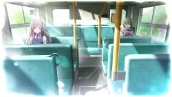  2girls backpack bag bus_interior card_commentary closed_mouth commentary_request day game_asset green_hair grey_hair holding holding_bag idolmaster idolmaster_shiny_colors light_frown light_smile long_hair multiple_girls nanakusa_nichika official_art pink_bag short_hair sitting sunlight third-party_source twintails violet_eyes wide_shot yukoku_kiriko 