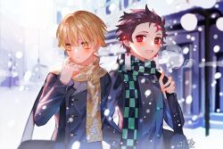  2boys agatsuma_zenitsu black_jacket blonde_hair bright_pupils brown_hair checkered_clothes checkered_scarf closed_mouth earrings highres jacket jewelry kamado_tanjirou kimetsu_no_yaiba looking_at_viewer male_focus multiple_boys open_mouth red_eyes scarf short_hair snowing sqloveraven white_pupils winter_clothes yellow_eyes yellow_scarf 