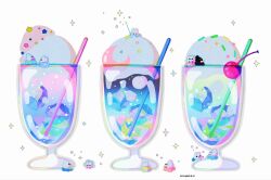  cherry closed_eyes creature crescent drinking_straw food food_focus fruit glass highres ice_cream ice_cream_float moyaco no_humans original sitting sleeping soda sparkle sprinkles star_(symbol) white_background 