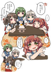  4girls arm_warmers black_arm_warmers black_hair blue_sailor_collar brown_eyes brown_hair commentary_request dated double_v dress expressionless floral_print flower food frilled_sleeves frills fruit green_eyes green_hair grey_hair hair_flower hair_ornament harukaze_unipo highres kagami_mochi kantai_collection kurahashi_(kancolle) long_hair low-tied_sidelocks mandarin_orange medium_hair mikura_(kancolle) multiple_girls nervous nervous_sweating noumi_(kancolle) orange_(fruit) pleated_skirt puffy_short_sleeves puffy_sleeves reaching red_eyes red_skirt sailor_collar sailor_dress sailor_shirt sanbou school_uniform shirt short_sleeves sidelocks skirt sweat translation_request twintails v wavy_hair white_shirt yashiro_(kancolle) 
