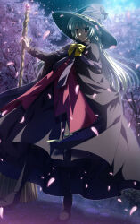 2000s_(style) background black_boots black_dress black_ribbon broom bush cape capelet flat_chest full_body glowing_petals heeled_boots high_quality high_res high_resolution kamishiro_alice lace long_dress long_hair long_skirt moonlight nanao_naru naru_nanao night night_sky non-web_source pink_eyes purple_ribbon sakura sakura_petals sakura_tree supipara trees visual_novel_cg white_hair witch witch_hat yellow_bow