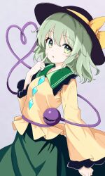  13nonaigdaz 1girl black_hat bow breasts buttons collared_shirt commentary_request diamond_button disembodied_linked_eye eyeball frilled_shirt_collar frilled_sleeves frills green_eyes green_hair green_skirt hat hat_bow heart heart_of_string highres komeiji_koishi long_sleeves looking_at_viewer medium_hair open_mouth shirt simple_background skirt small_breasts solo touhou wide_sleeves yellow_bow yellow_shirt 