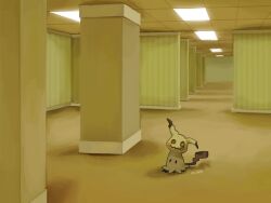  @_@ backrooms_(creepypasta) blush_stickers ceiling commentary_request dande_lion2604 hallway highres mimikyu no_humans pokemon pokemon_(creature) pokemon_focus tile_ceiling tiles twitter_username yellow_theme 