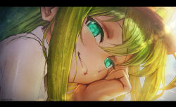  1girl alina_gray artist_name commentary green_eyes green_hair grin hat head_on_hand head_rest highres kuromasa letterboxed long_hair looking_at_viewer magia_record:_mahou_shoujo_madoka_magica_gaiden mahou_shoujo_madoka_magica portrait profile shirt smile solo white_shirt 