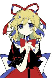  1girl back_bow black_shirt blonde_hair blue_eyes bow bowtie commentary_request hair_ribbon highres medicine_melancholy medium_hair puffy_short_sleeves puffy_sleeves red_bow red_bowtie red_ribbon red_skirt ribbon ribbon-trimmed_shirt ribbon-trimmed_skirt ribbon_trim sabi_kkr shirt short_sleeves simple_background skirt solo touhou white_background white_bow 