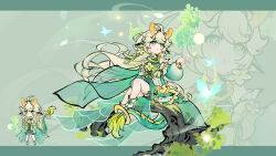 1girl absurdres animal_ears braid bug butterfly chibi chinese_clothes detached_sleeves dragon_horns dragon_tail dress earrings eastern_dragon_horns eastern_dragon_tail green_dress green_eyes green_hair hair_ornament highres horns jewelry long_hair original pointy_ears qilin_(mythology) shuweibi_zijihua sitting solo tail tassel tassel_earrings white_hair zoom_layer 